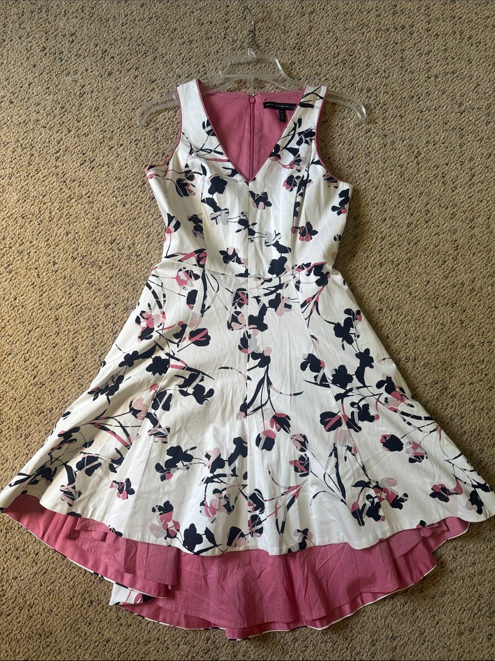 WHITE HOUSE | BLACK MARKET -Sleeveless White Floral Fit & Flare Dress with Pink